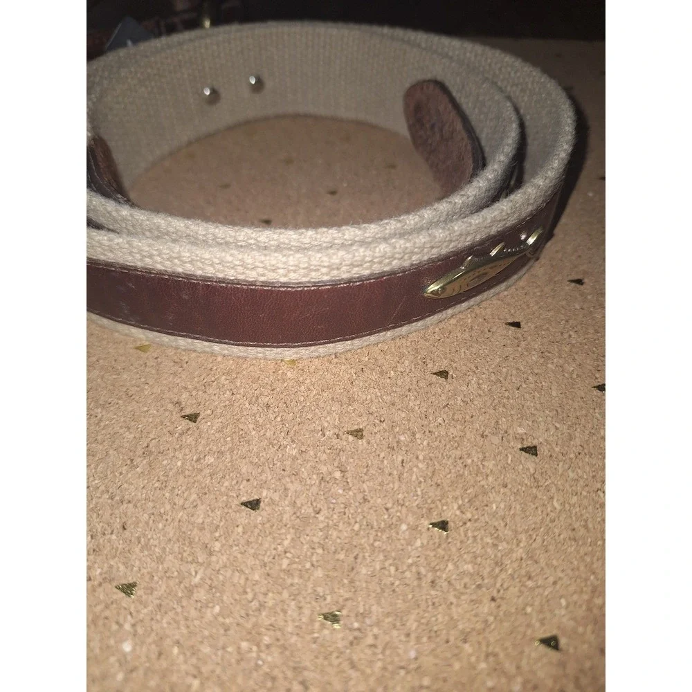Brighton Mens 44 Belt Brown Leather‎ Tan Canvas Marlin Fish Nautical USA E6218